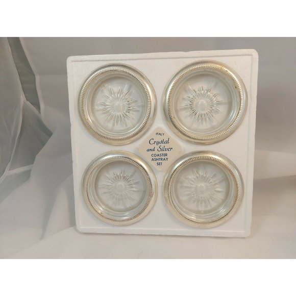 Leonard Crystal and Silver Coaster Ashtray Set Made in Italy Vtg New open box - Picture 2 of 6